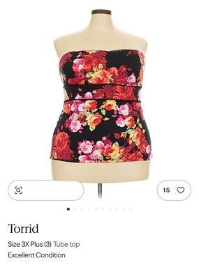 torrid Plus Size 3X Black Strapless Floral Tube Top with Red & Pink Roses